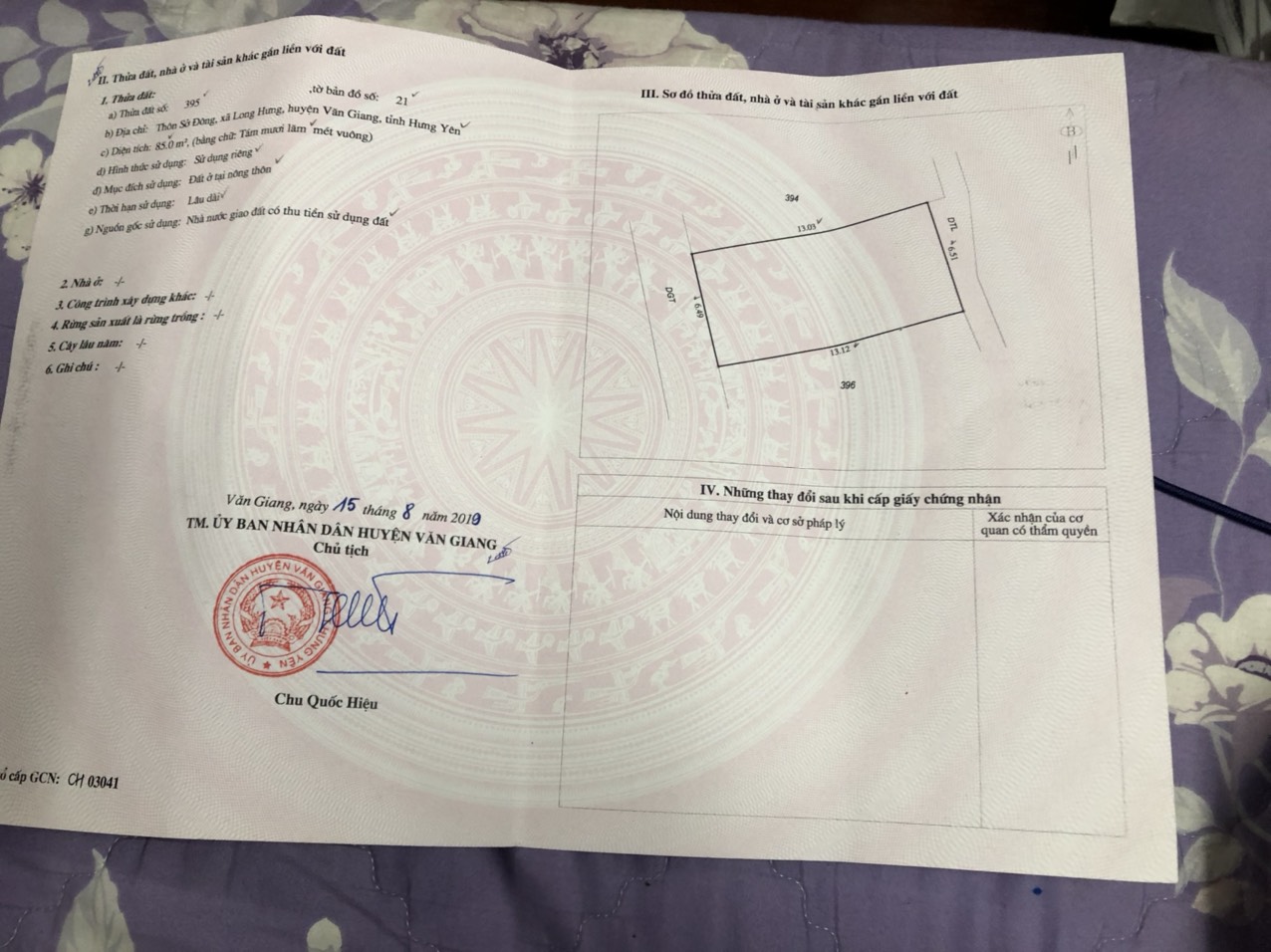 giấy chứng nhận QSD đất đấu giá xã Long Hưng huyện Văn Giang tỉnh Hưng Yên